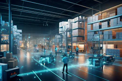 Futuristic digital warehouse interior with glowing cyan pathways, workers, stacked boxes, and illuminated shelving in a high-tech logistics facility