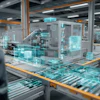 Factory worker in safety gear monitoring CNC machinery with augmented reality digital overlays in industrial manufacturing facility