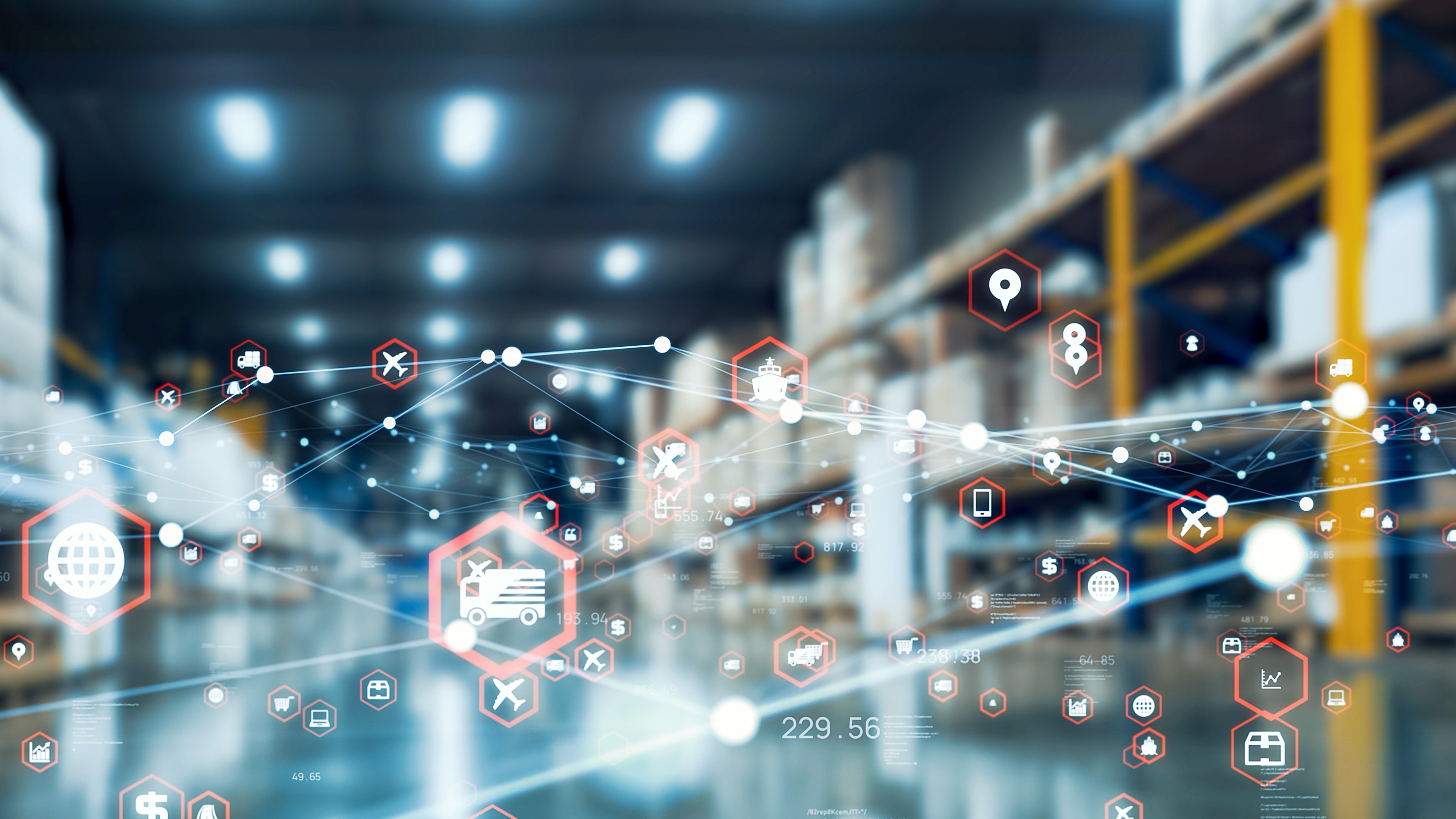 Digital network visualization with business icons overlaid on industrial warehouse with yellow columns and LED lighting