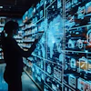 Person holding tablet in retail store with digital technology overlay and product shelves
