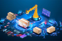 Isometric illustration of automated warehouse logistics with robotic arm, cardboard boxes, and digital network connectivity on blue background