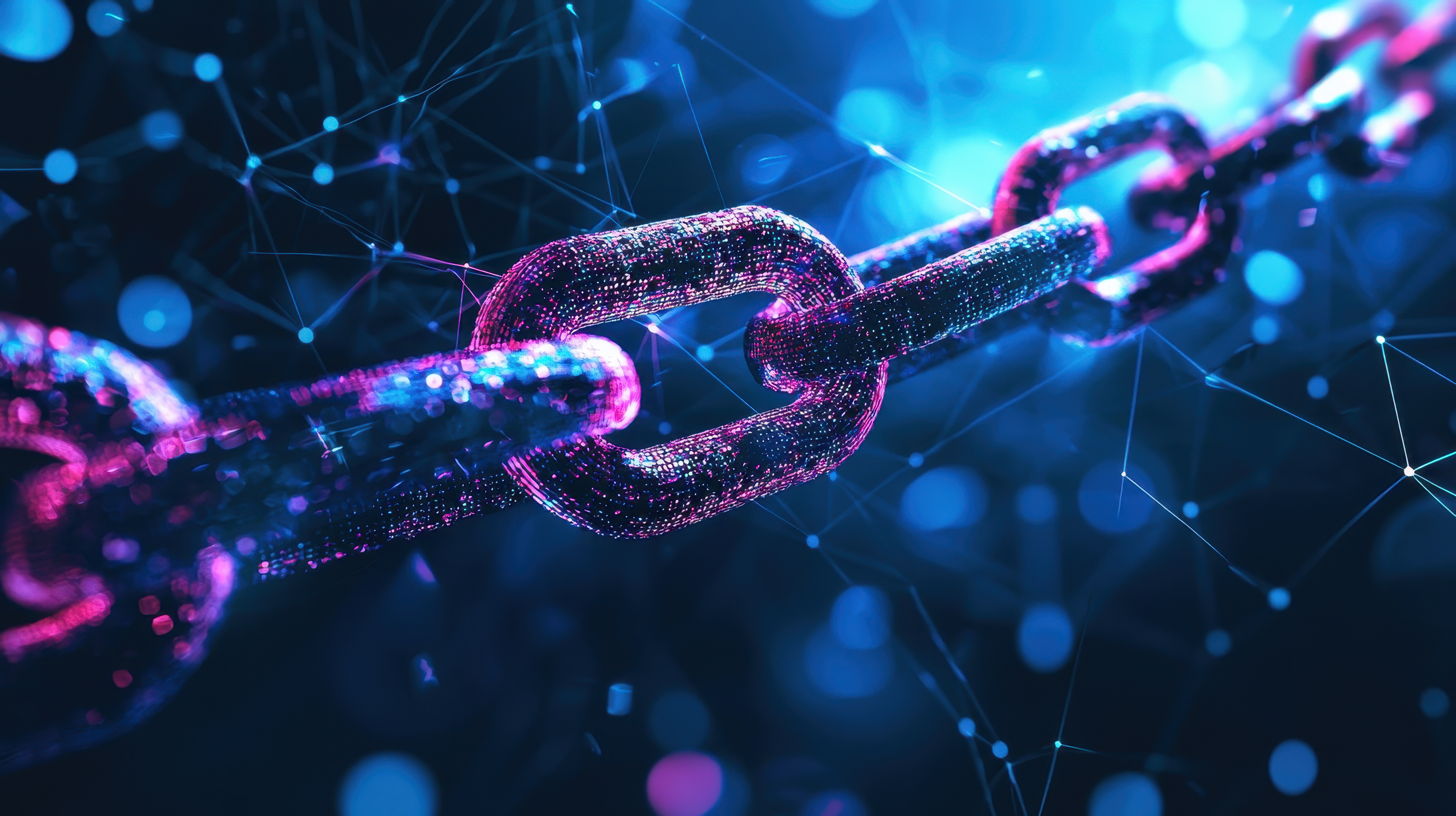 Glowing neon chain links representing blockchain and digital network connectivity