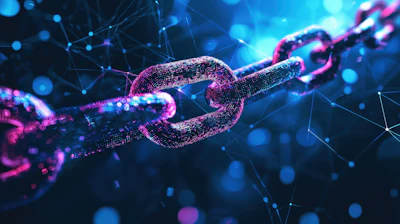 Glowing neon chain links representing blockchain and digital network connectivity