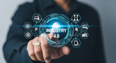Businessman touching holographic Industry 4.0 interface with connected technology icons