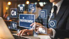 Businessman using holographic procurement interface with supply chain icons on laptop