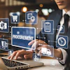 Businessman using holographic procurement interface with supply chain icons on laptop