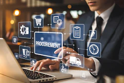 Businessman using holographic procurement interface with supply chain icons on laptop