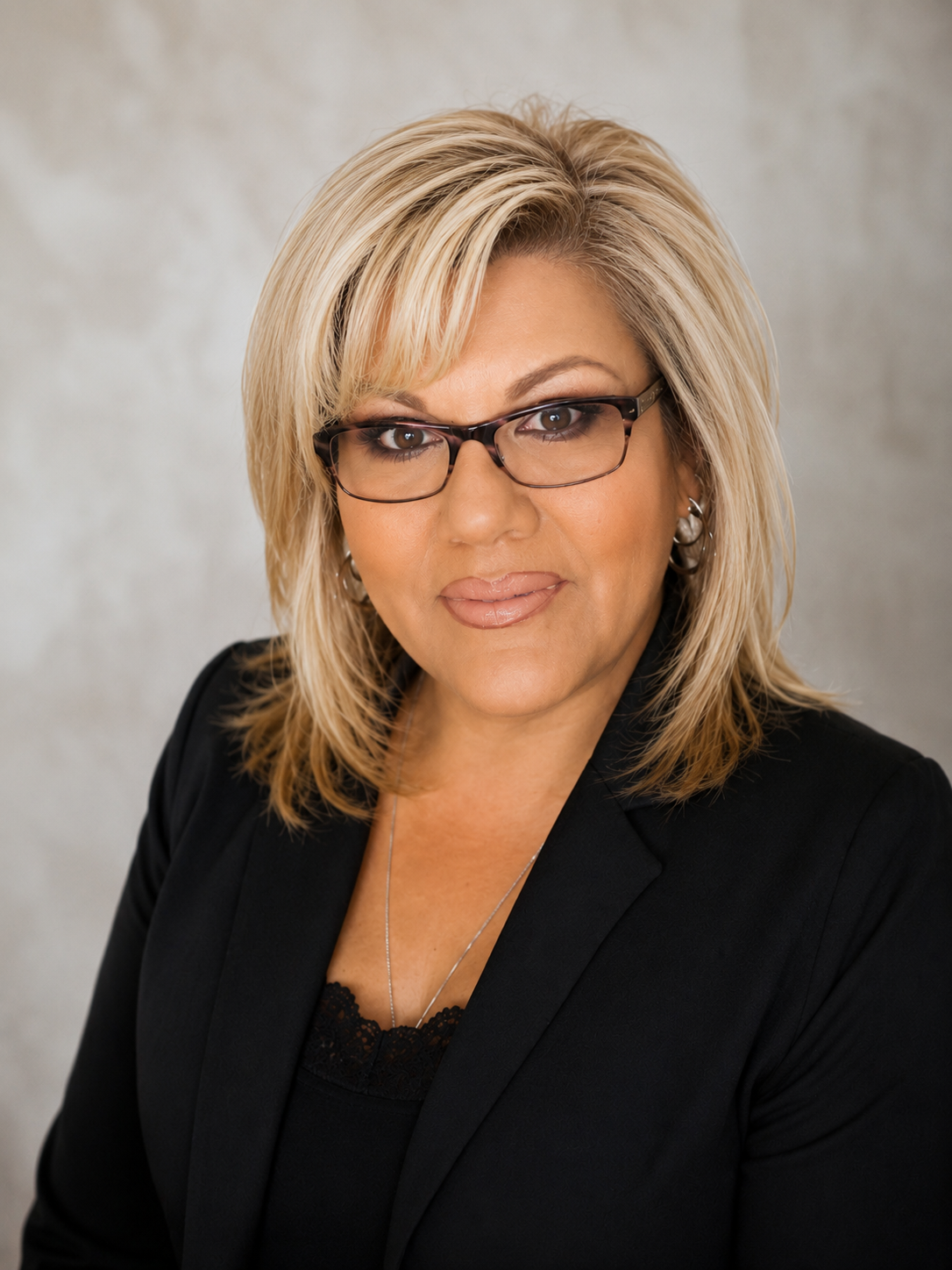 Professional headshot of a woman wearing glasses and black blazer against neutral background