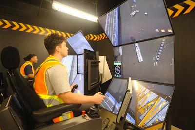 Workers in safety vests operating heavy equipment simulator with multiple monitors in industrial training facility