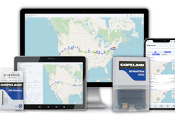 Copeland GO Real-Time 4G/5G fleet tracking system displayed across multiple devices including laptop, tablet, smartphone, and hardware unit with route maps.