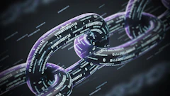 3D digital visualization of interconnected chains with flowing purple binary code on dark background