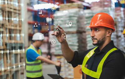 Warehouse worker in orange hard hat and safety vest using tablet with digital business analytics icons overlay