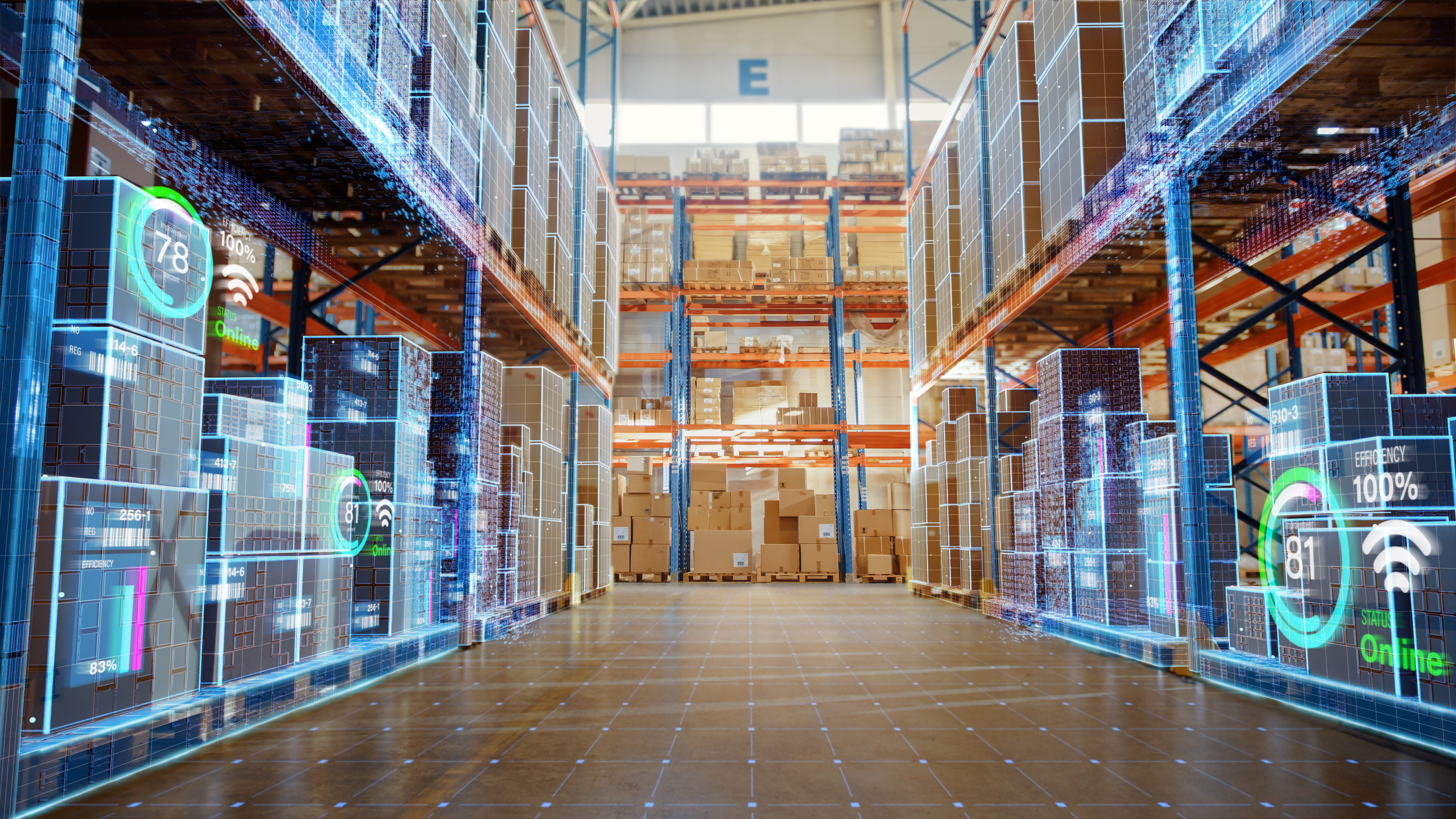 Modern warehouse interior with digital overlay showing storage shelves, green efficiency indicators, and networked connectivity icons