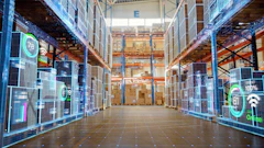 Modern warehouse interior with digital overlay showing storage shelves, green efficiency indicators, and networked connectivity icons