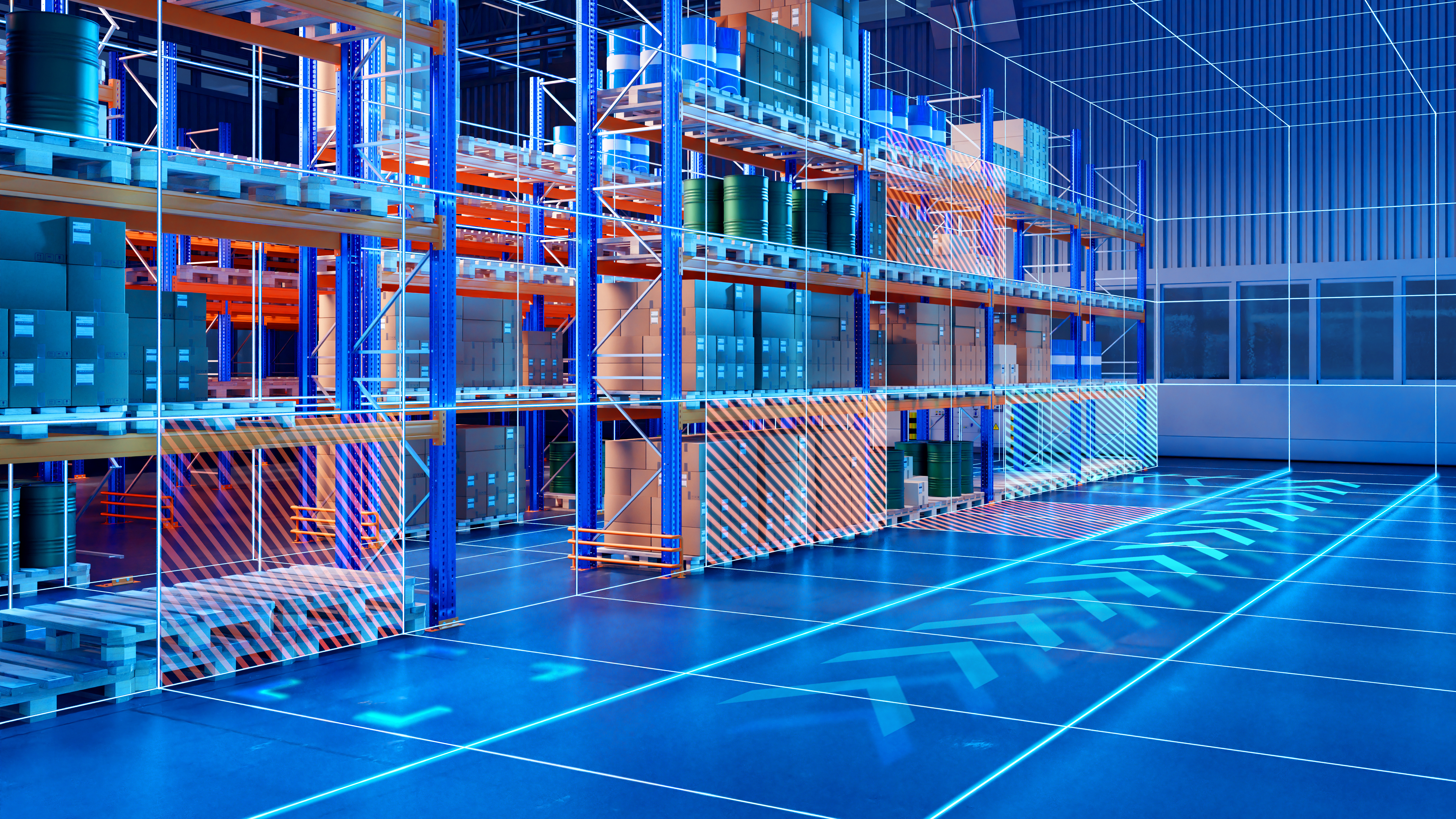 Futuristic blue and orange warehouse interior with glass partitions and grid-patterned flooring under neon lighting