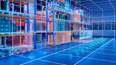 Futuristic blue and orange warehouse interior with glass partitions and grid-patterned flooring under neon lighting