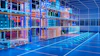 Futuristic blue and orange warehouse interior with glass partitions and grid-patterned flooring under neon lighting
