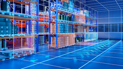 Futuristic blue and orange warehouse interior with glass partitions and grid-patterned flooring under neon lighting
