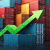 Green upward arrow symbolizing growth over stacked shipping containers in a port