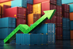 Green upward arrow symbolizing growth over stacked shipping containers in a port