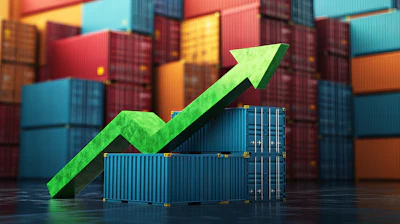Green upward arrow symbolizing growth over stacked shipping containers in a port