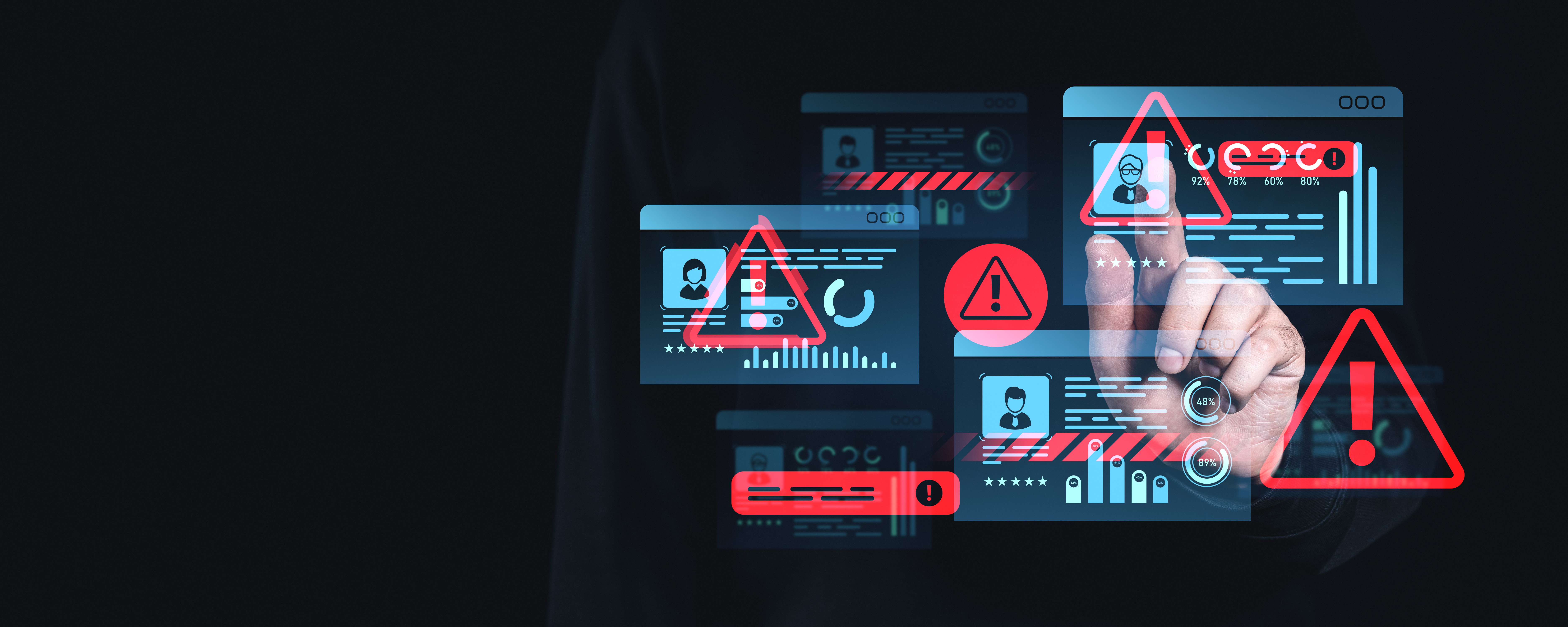 Cybersecurity threat monitoring dashboard with warning alerts, user profiles, and digital security icons on dark interface