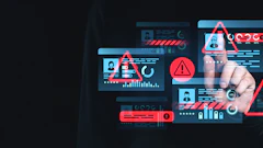 Cybersecurity threat monitoring dashboard with warning alerts, user profiles, and digital security icons on dark interface