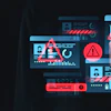Cybersecurity threat monitoring dashboard with warning alerts, user profiles, and digital security icons on dark interface