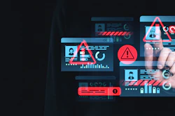 Cybersecurity threat monitoring dashboard with warning alerts, user profiles, and digital security icons on dark interface