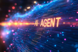 Neon 'AI AGENT' text glowing yellow against blue digital streams and pink bokeh particles in a futuristic tech-themed background