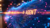 Neon 'AI AGENT' text glowing yellow against blue digital streams and pink bokeh particles in a futuristic tech-themed background