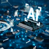 Glowing AI text on microchip with circuit board and digital network connections in blue neon theme