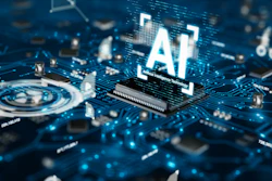 Glowing AI text on microchip with circuit board and digital network connections in blue neon theme