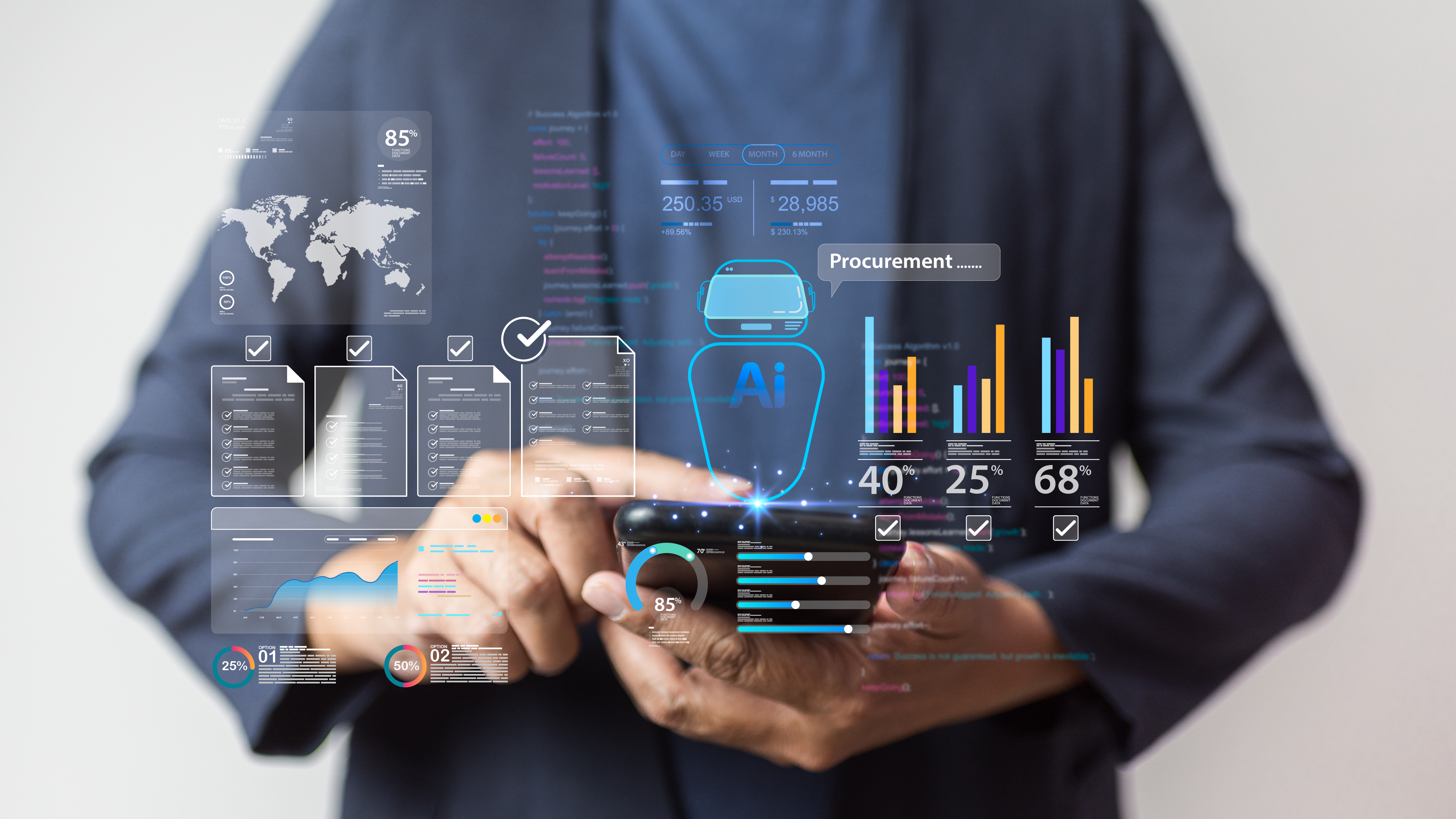 Business professional holding smartphone displaying digital analytics dashboard with charts, graphs, and procurement metrics