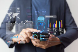 Business professional holding smartphone displaying digital analytics dashboard with charts, graphs, and procurement metrics