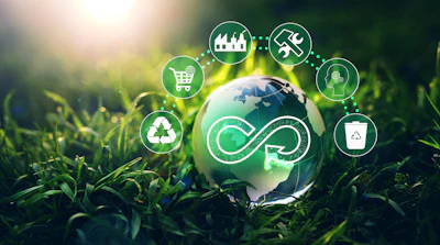 Circular economy concept with globe surrounded by sustainability icons including recycling, shopping, waste management, and renewable energy in natural green setting