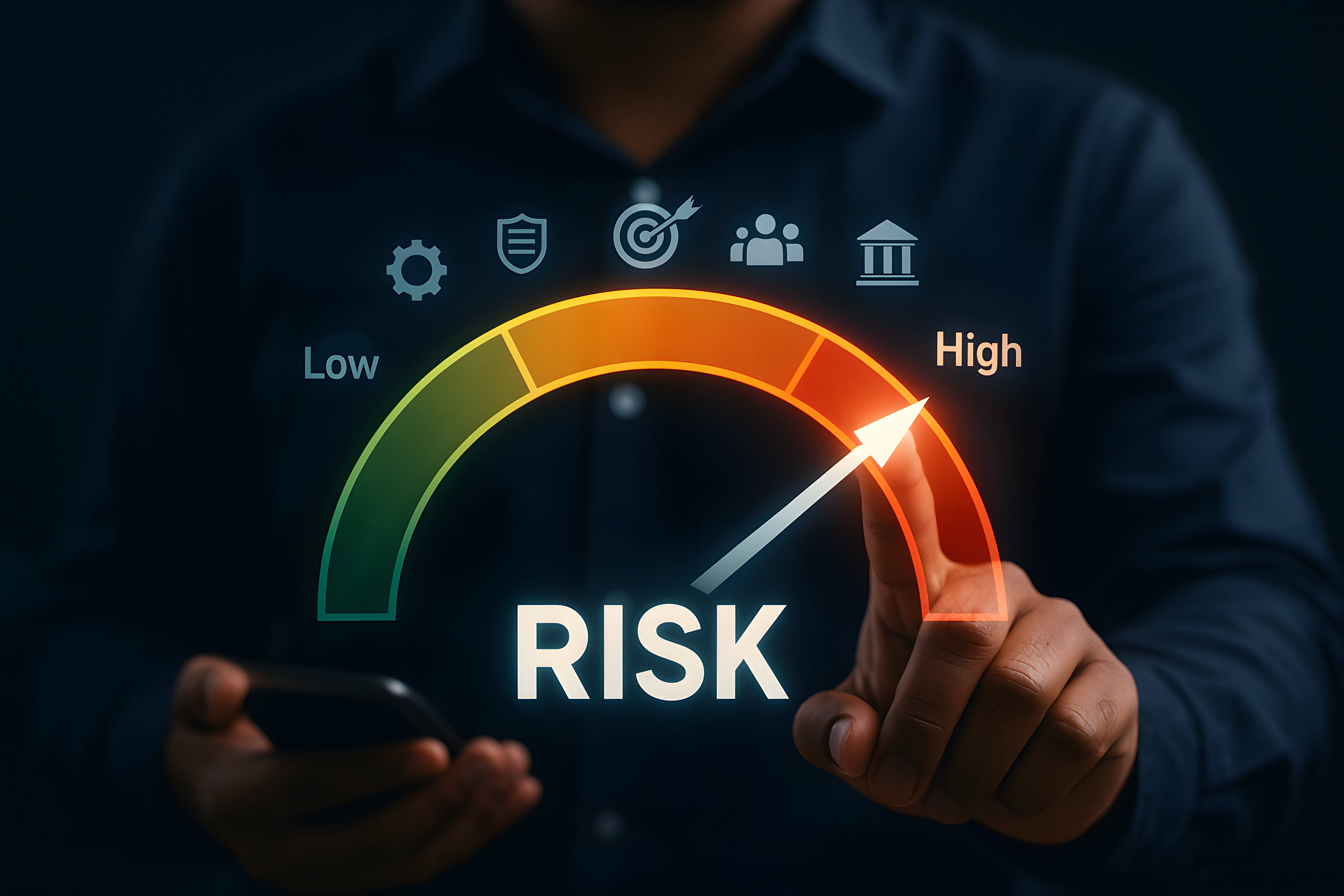Business professional using smartphone with risk assessment gauge showing high-risk level and security icons