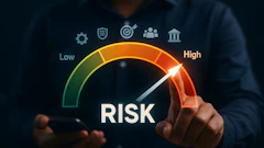 Business professional using smartphone with risk assessment gauge showing high-risk level and security icons