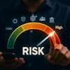 Business professional using smartphone with risk assessment gauge showing high-risk level and security icons