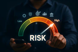 Business professional using smartphone with risk assessment gauge showing high-risk level and security icons