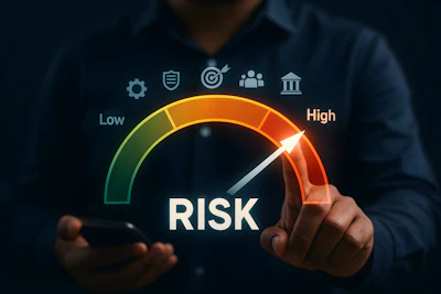 Business professional using smartphone with risk assessment gauge showing high-risk level and security icons