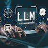 Person using laptop with LLM (Large Language Model) technology interface surrounded by AI and data processing icons