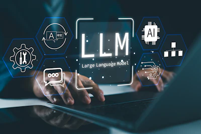 Person using laptop with LLM (Large Language Model) technology interface surrounded by AI and data processing icons