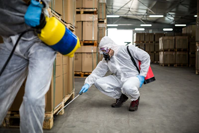Worker in white protective suit and respirator spraying treatment on warehouse boxes