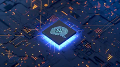 Glowing AI microchip on circuit board with orange and blue lighting effects