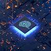 Glowing AI microchip on circuit board with orange and blue lighting effects