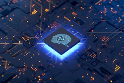 Glowing AI microchip on circuit board with orange and blue lighting effects