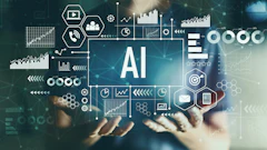 Hands holding holographic AI interface with data analytics charts, graphs, and technology icons on digital network background