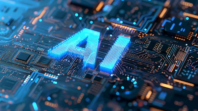 Glowing cyan AI letters on a digital circuit board with blue and orange lights