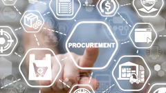 Digital procurement network diagram with interconnected hexagonal icons showing supply chain management processes and business operations